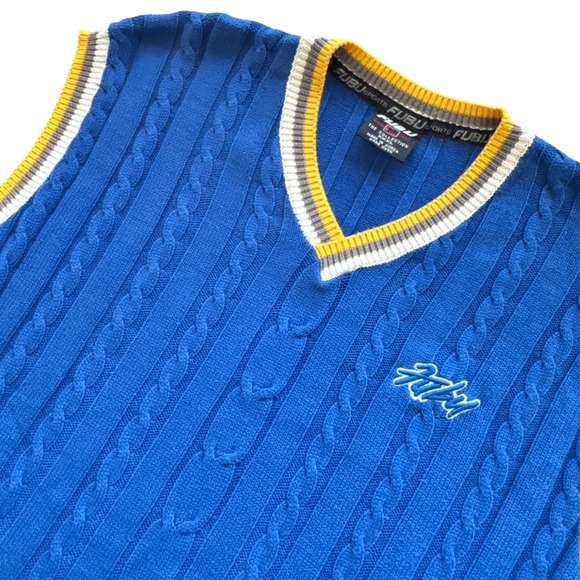 FUBU Other - FUBU Sweater Vest Mens XXXL Blue Cable Knit V-Neck Striped VTG Tennis Golf